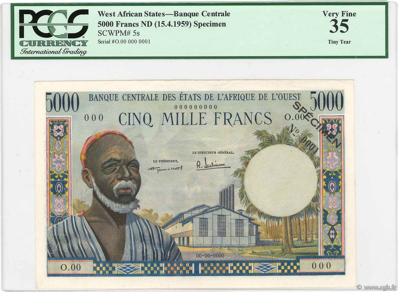 5000 Francs Spécimen ÉTATS DE L AFRIQUE DE L OUEST  1964 P.005s SUP+