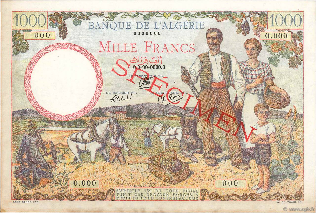 1000 Francs Spécimen ARGELIA  1942 P.089s EBC+