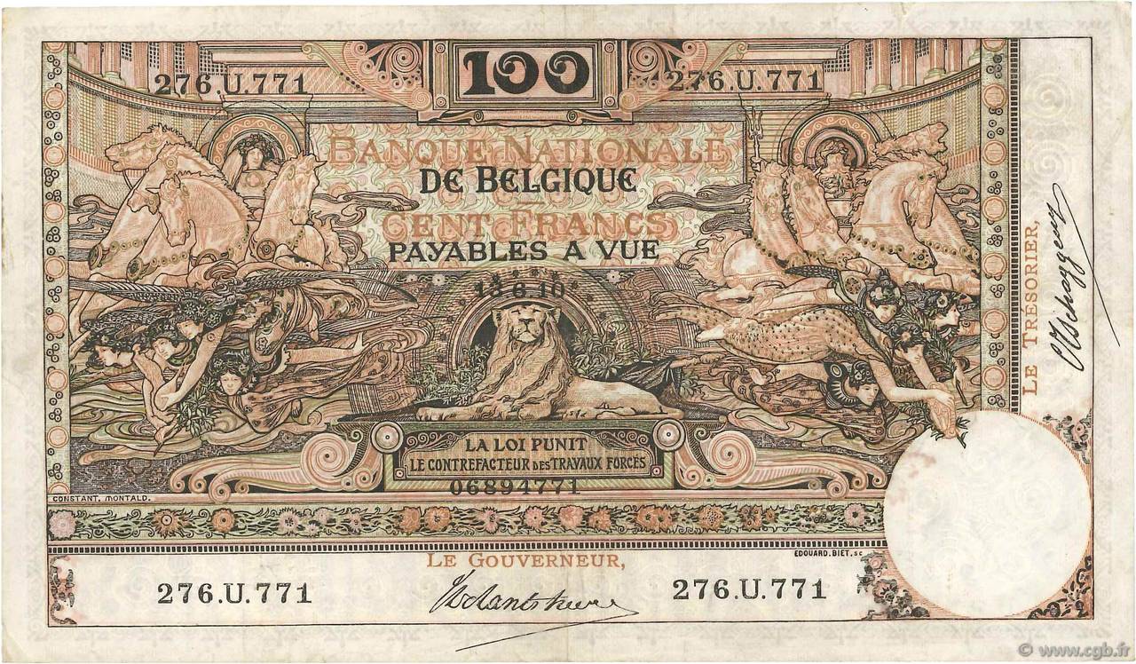 100 Francs BELGIEN  1910 P.071 SS