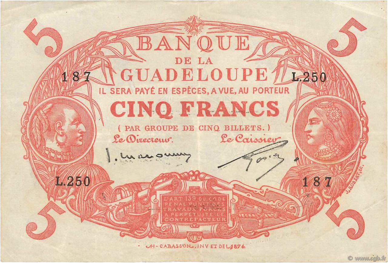 5 Francs Cabasson rouge GUADELOUPE  1934 P.07c TTB