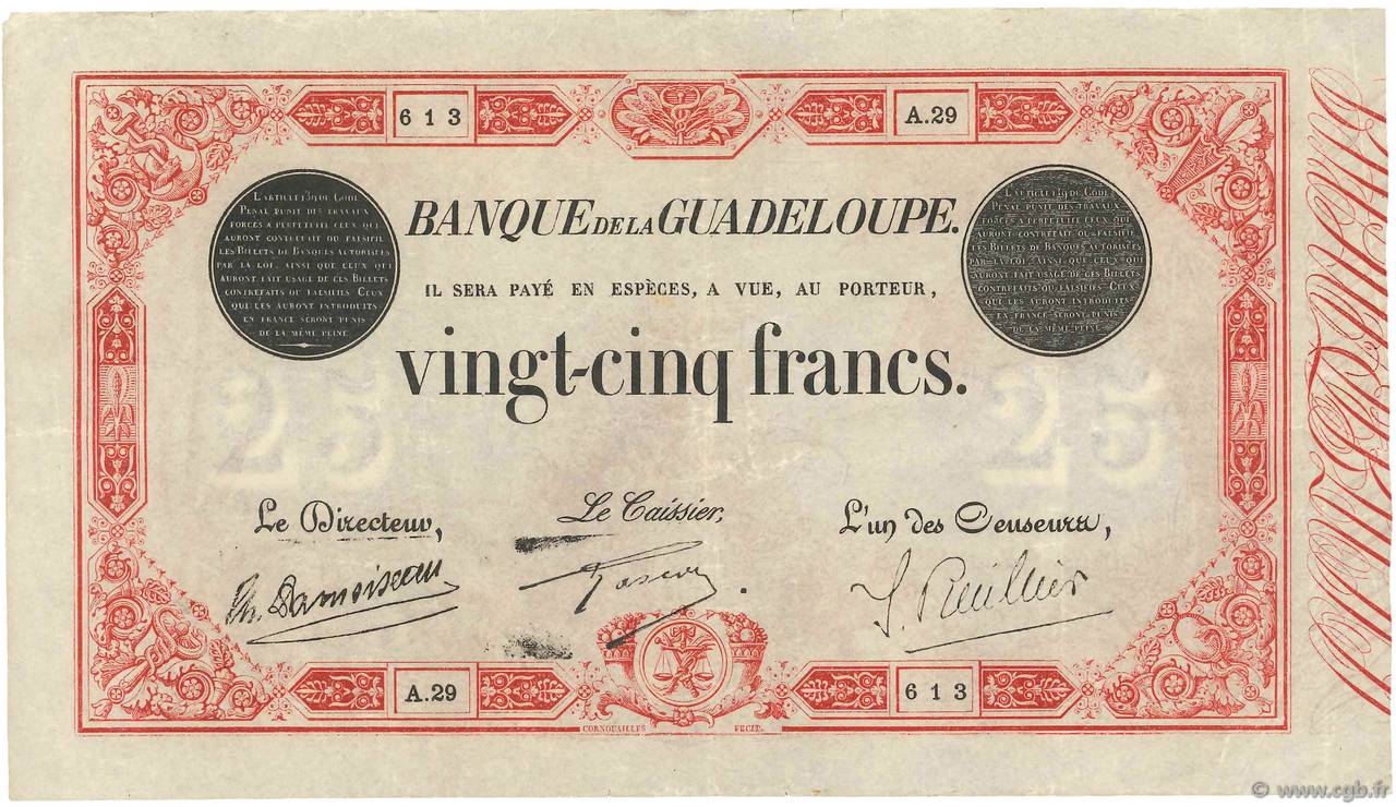 25 Francs rouge GUADELOUPE  1930 P.08 pr.TTB