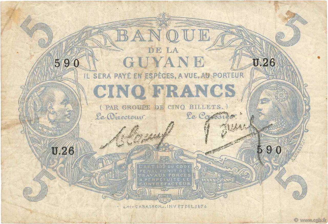 5 Francs Cabasson bleu FRENCH GUIANA  1933 P.01b MB