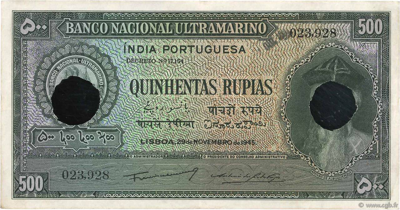 500 Rupias Annulé INDE PORTUGAISE  1945 P.40s TTB