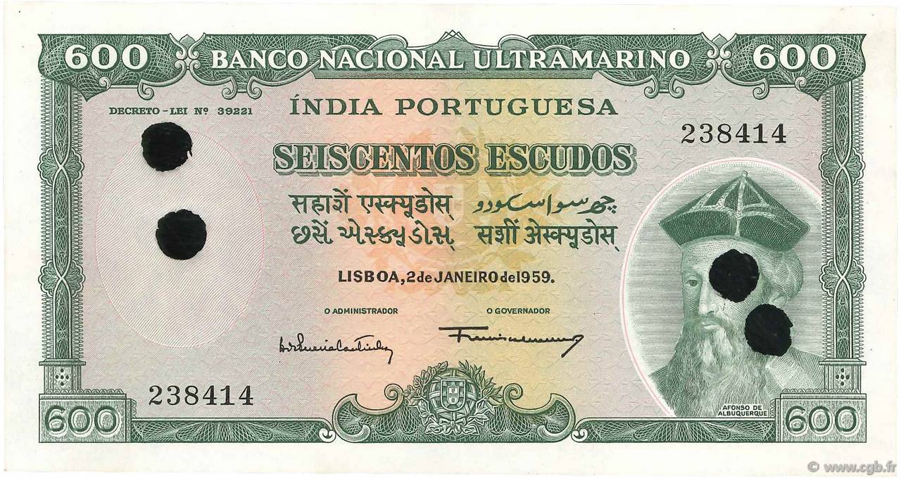 600 Escudos Annulé INDIA PORTUGUESA  1959 P.45s EBC+