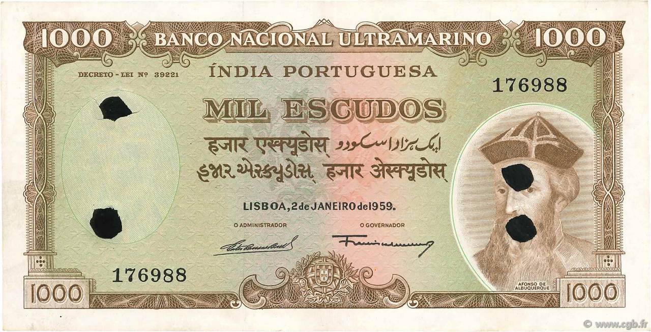 1000 Escudos Annulé INDIA PORTUGUESA  1959 P.46s MBC+