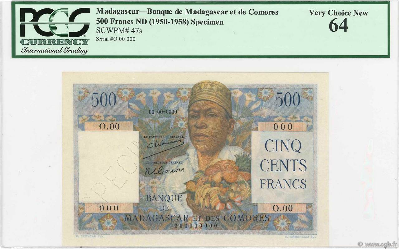 500 Francs Spécimen MADAGASCAR  1950 P.047as FDC