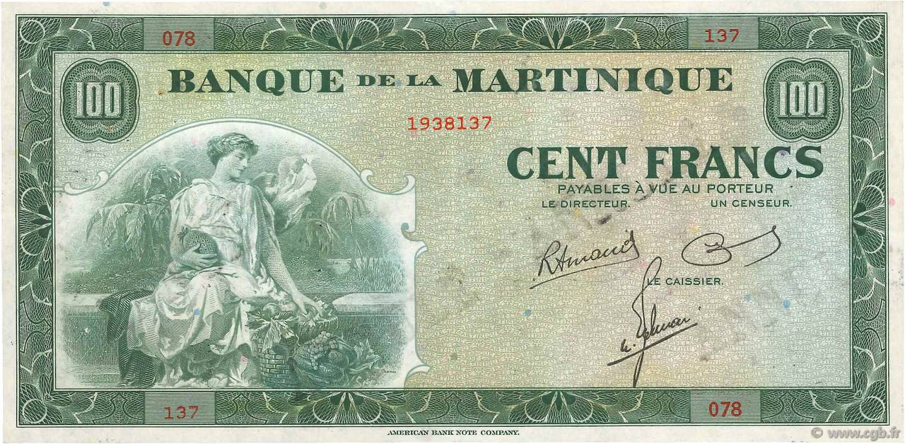 100 Francs Annulé MARTINIQUE  1945 P.19s MBC