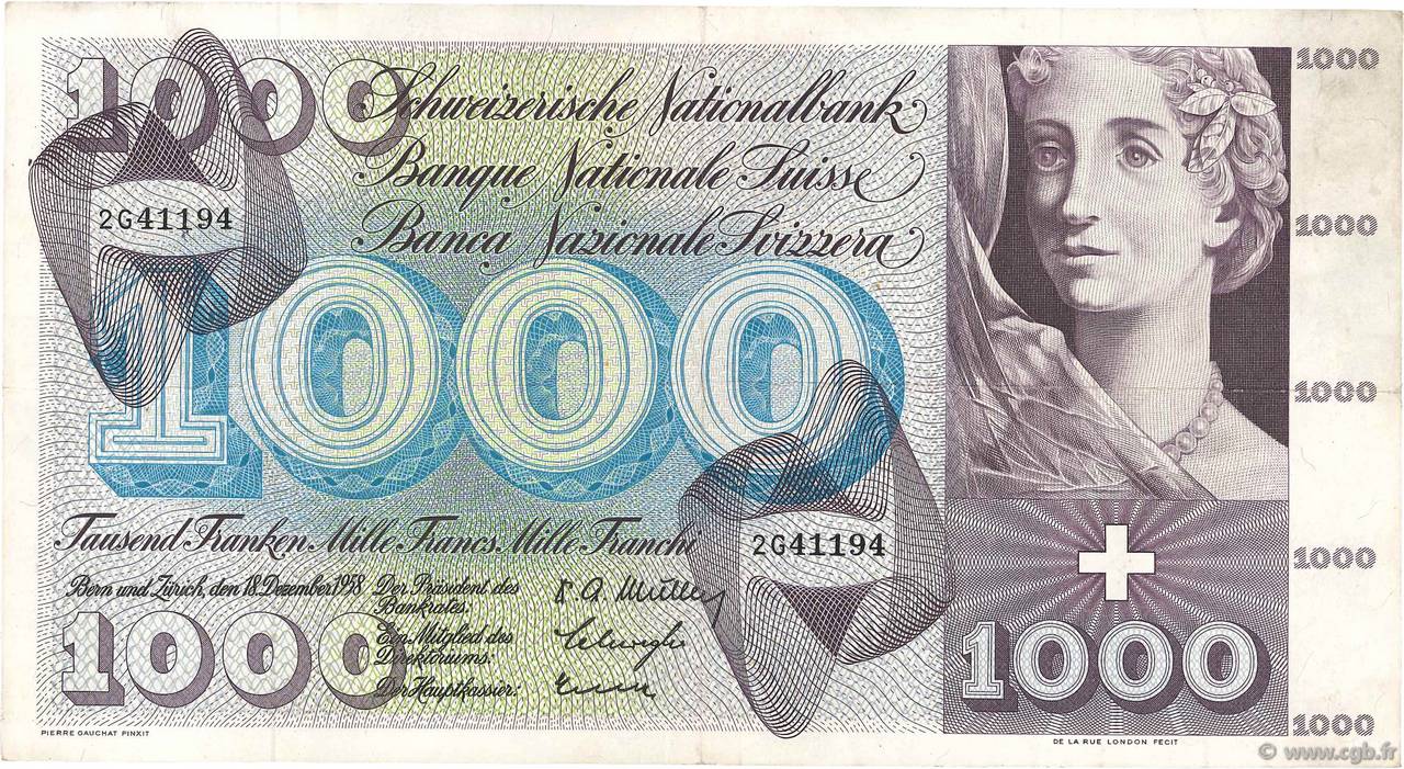 1000 Francs SWITZERLAND  1958 P.52c VF