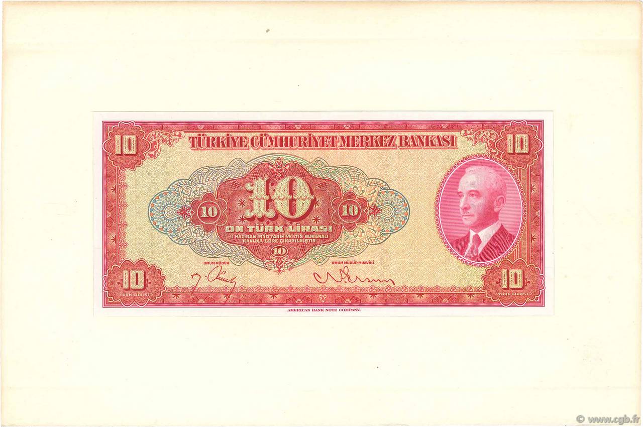 10 Lira Épreuve TURCHIA  1947 P.147s q.FDC