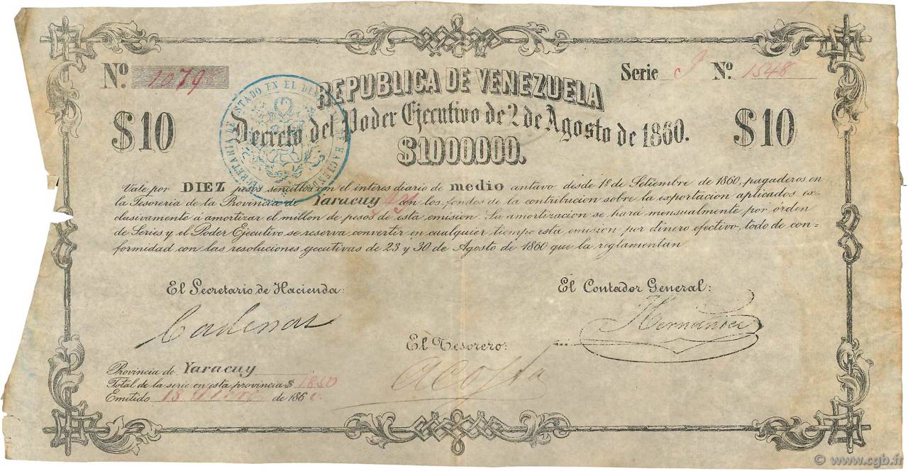 10 Pesos VENEZUELA  1860 P.021 BC
