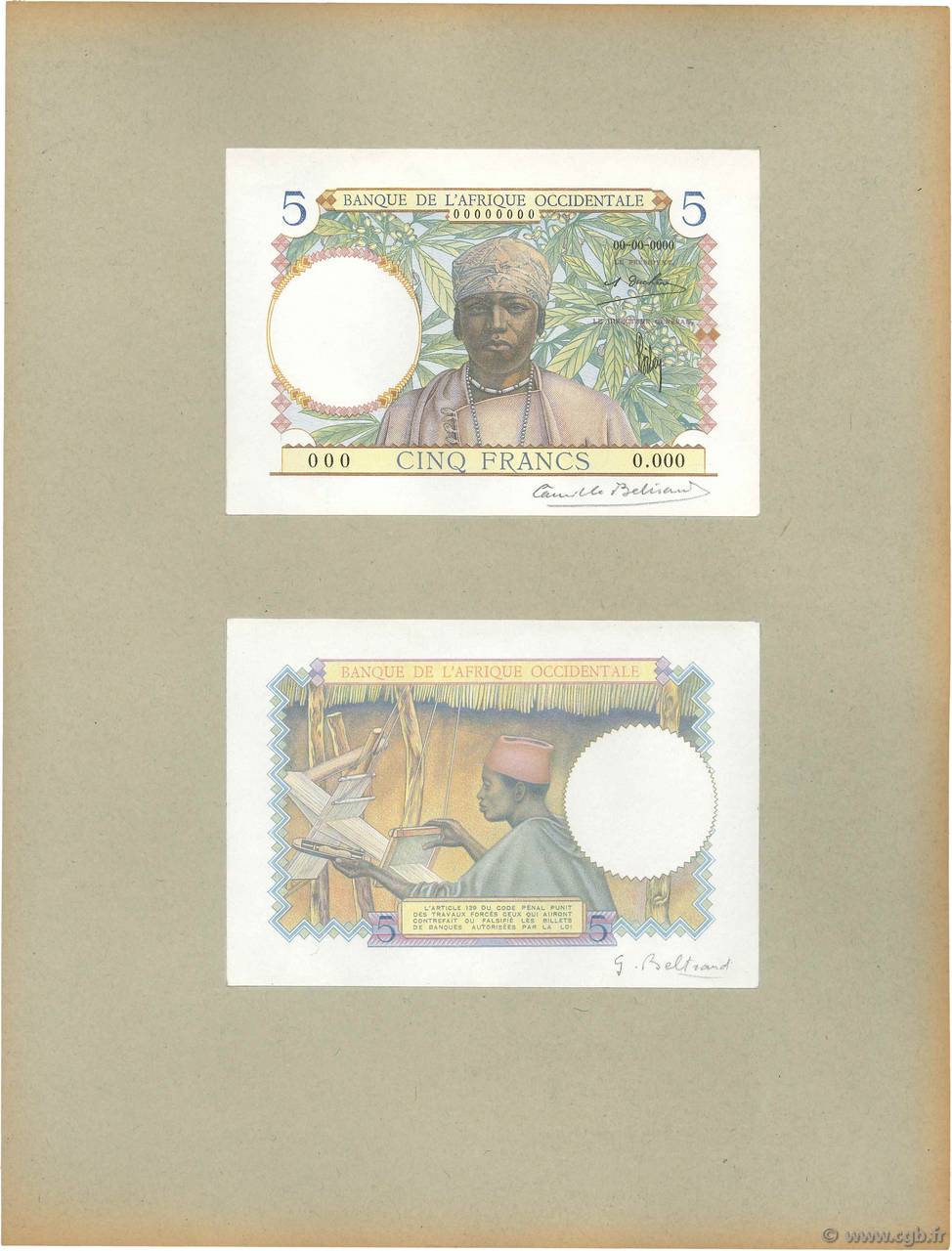 5 Francs Épreuve AFRIQUE OCCIDENTALE FRANÇAISE (1895-1958)  1934 P.21s NEUF