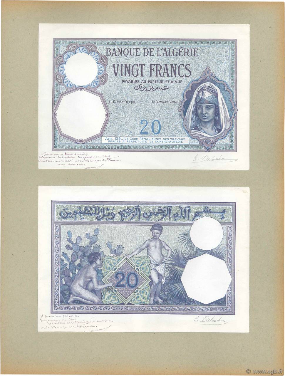20 Francs Épreuve ALGERIEN  1924 P.078p ST