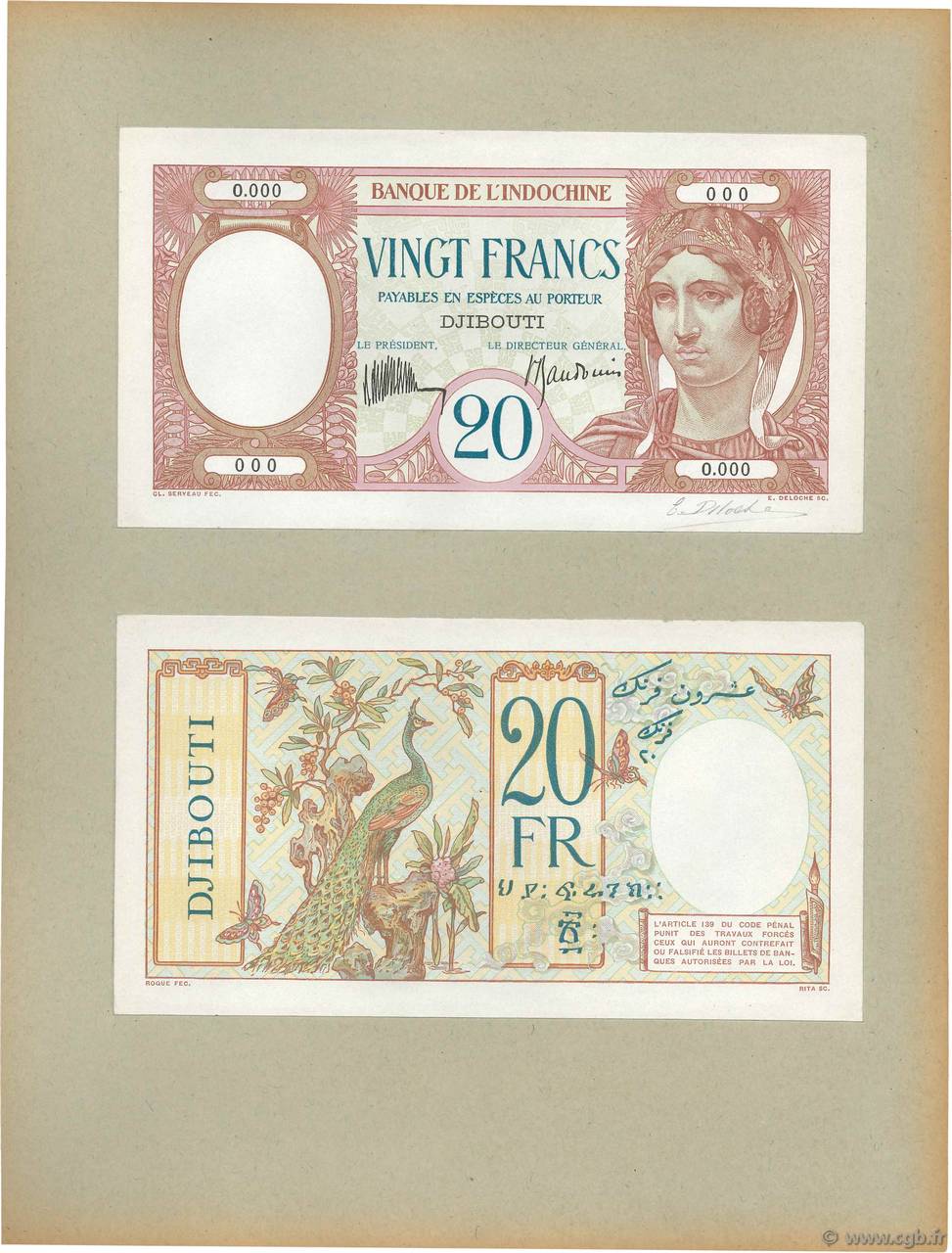 20 Francs Épreuve DSCHIBUTI   1932 P.07ap fST
