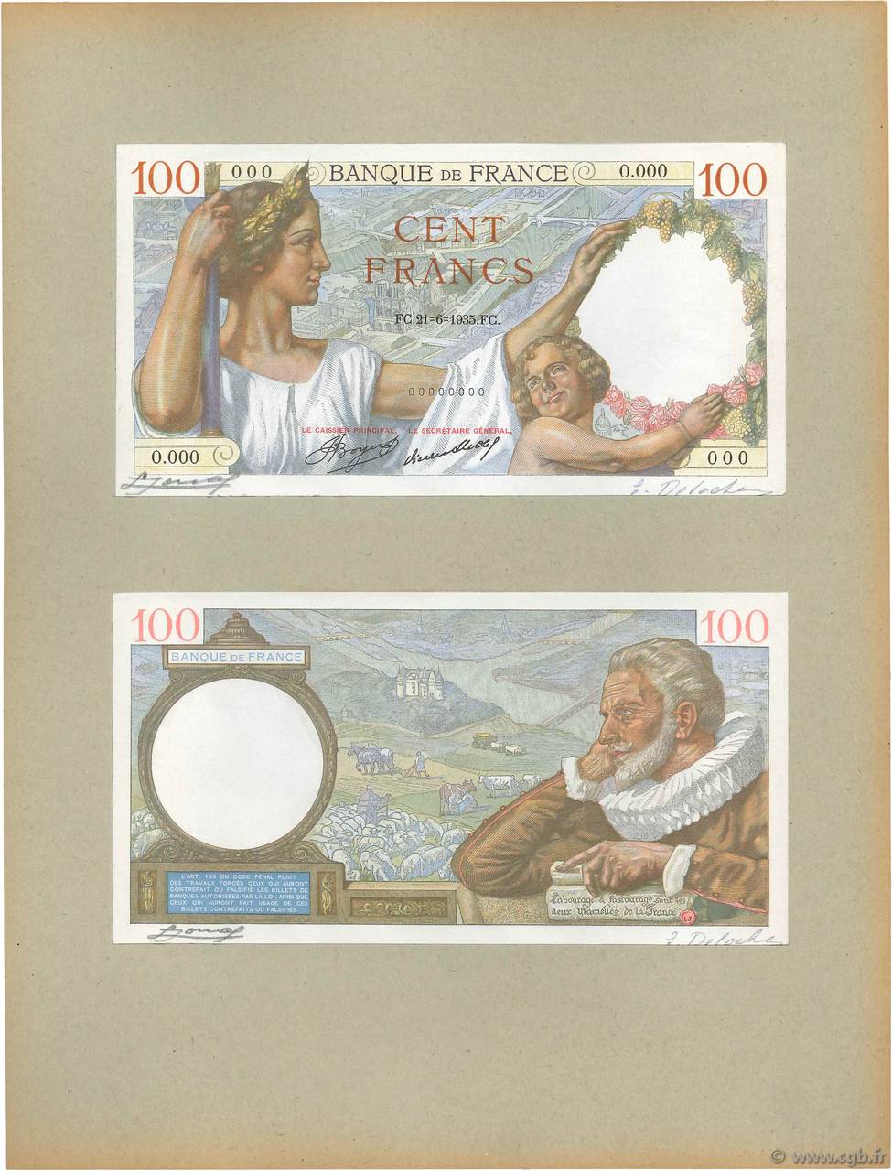100 Francs SULLY Épreuve FRANCE  1935 F.26.00Ed NEUF