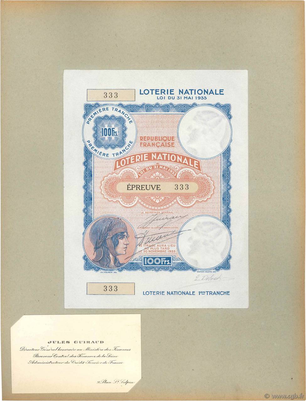 100 Francs Loterie Épreuve FRANCE regionalism and miscellaneous  1933  UNC