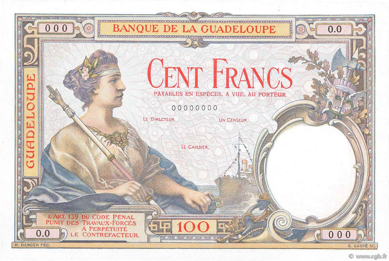 100 Francs Épreuve GUADELOUPE  1927 P.16s NEUF