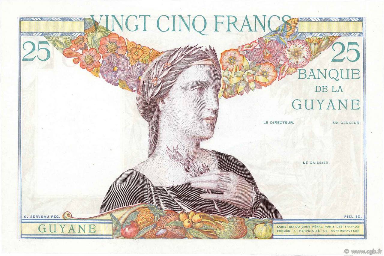 25 Francs Épreuve FRENCH GUIANA  1927 P.07s q.FDC