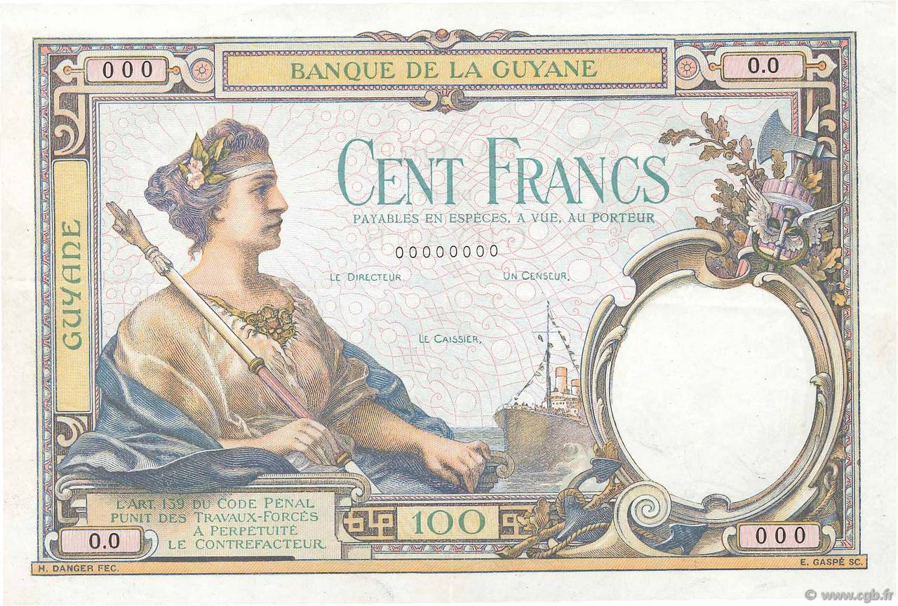 100 Francs Épreuve FRENCH GUIANA  1927 P.08s EBC