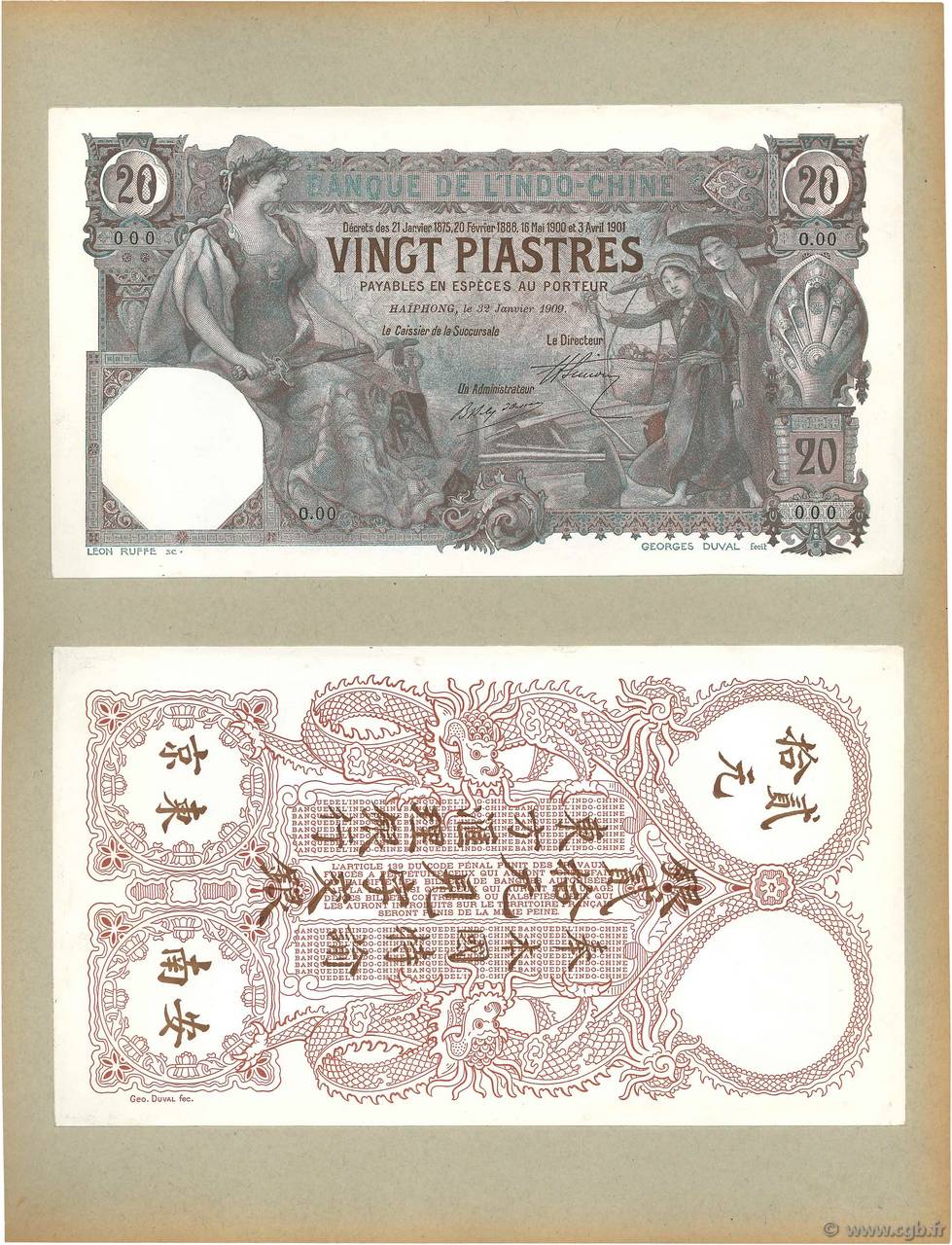 20 Piastres Épreuve INDOCINA FRANCESE Haïphong 1909 P.017ap FDC