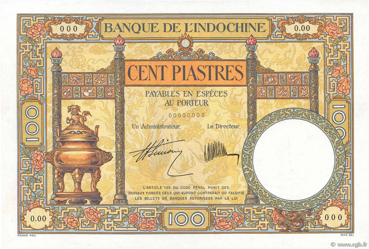 100 Piastres Épreuve INDOCINA FRANCESE  1927 P.051bs q.FDC