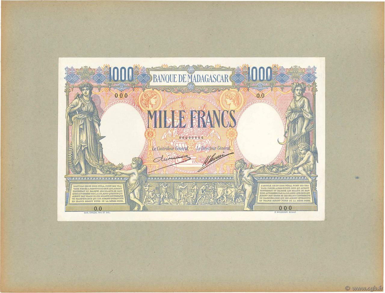 1000 Francs Épreuve MADAGASCAR  1926 P.042p NEUF