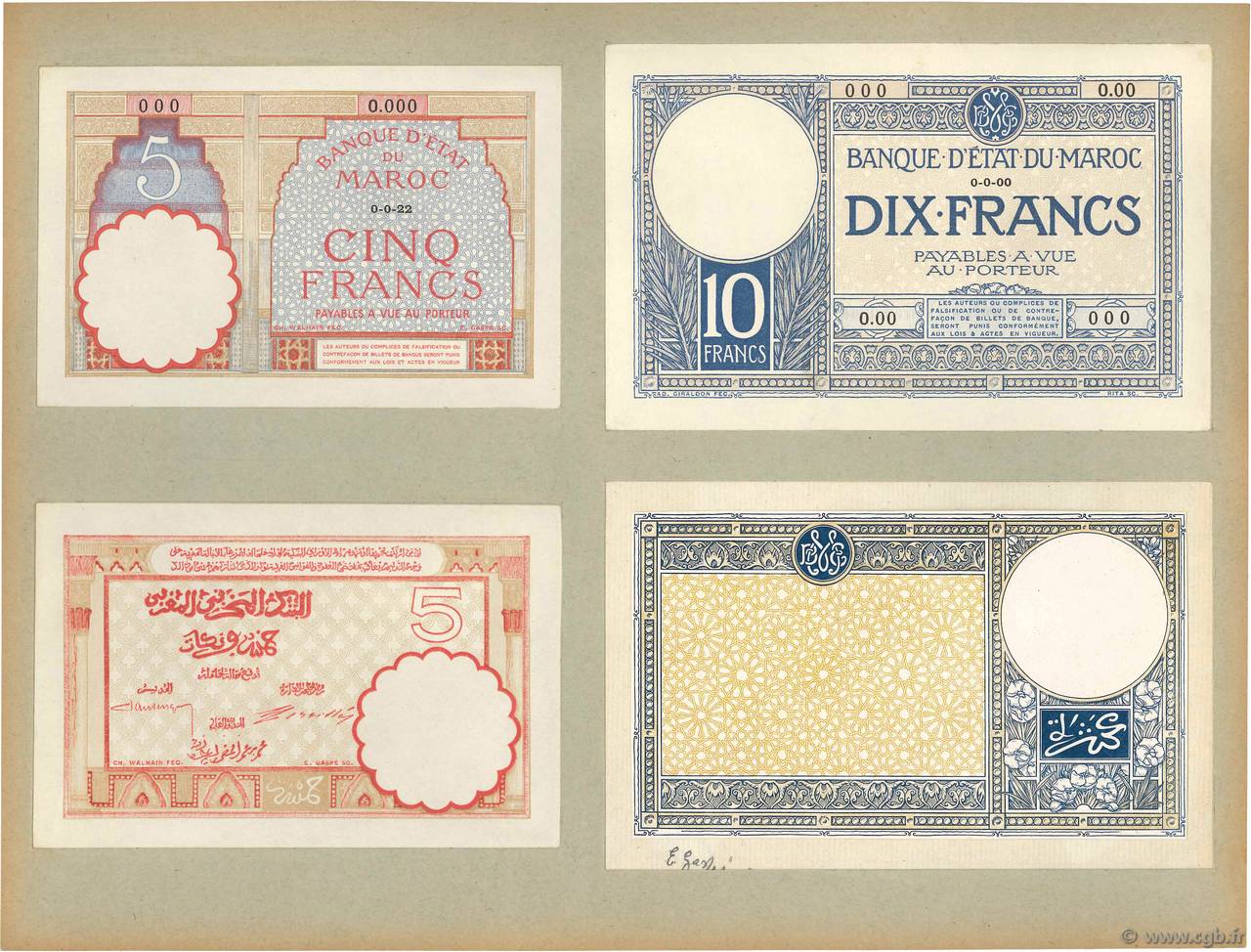 5 et 10 Francs Épreuve MARUECOS  1922 P.11p/23Aap SC