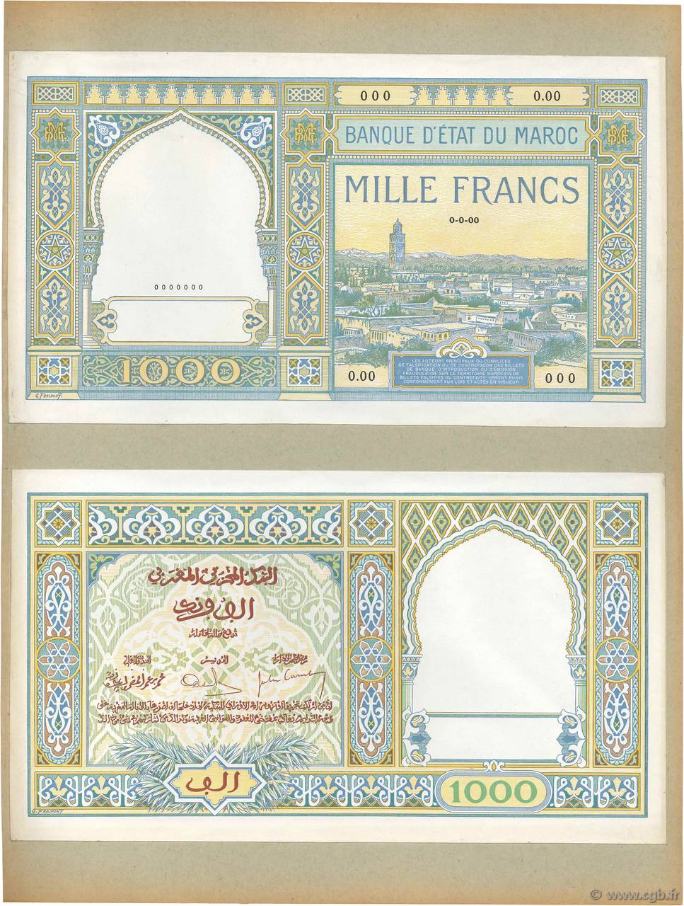 1000 Francs Épreuve MAROC  1929 P.16bp SPL