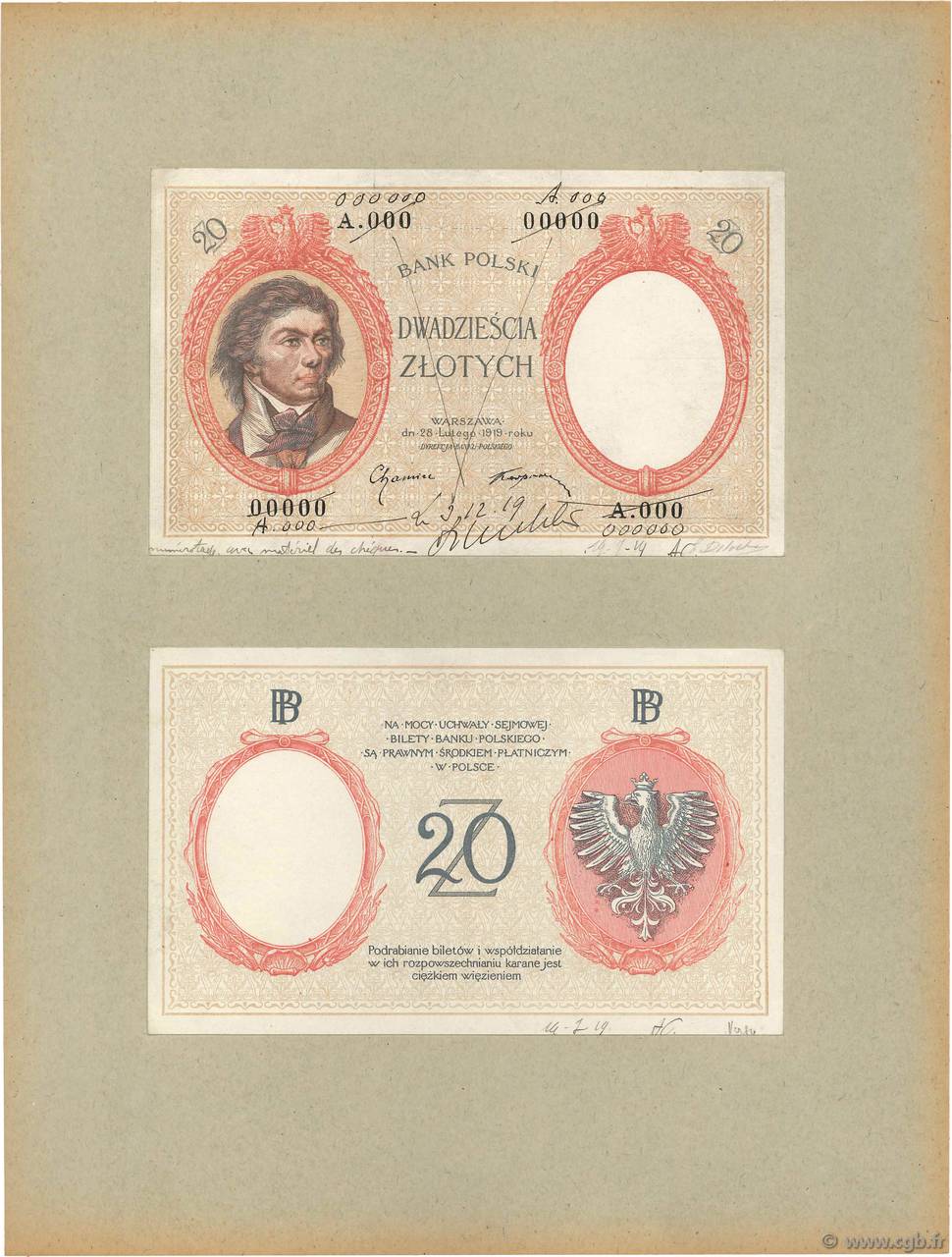 20 Zlotych Épreuve POLAND  1938 P.055p AU