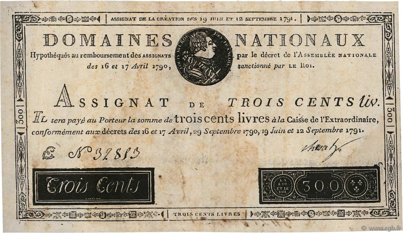 300 Livres Faux FRANCE  1791 Ass.18f VF