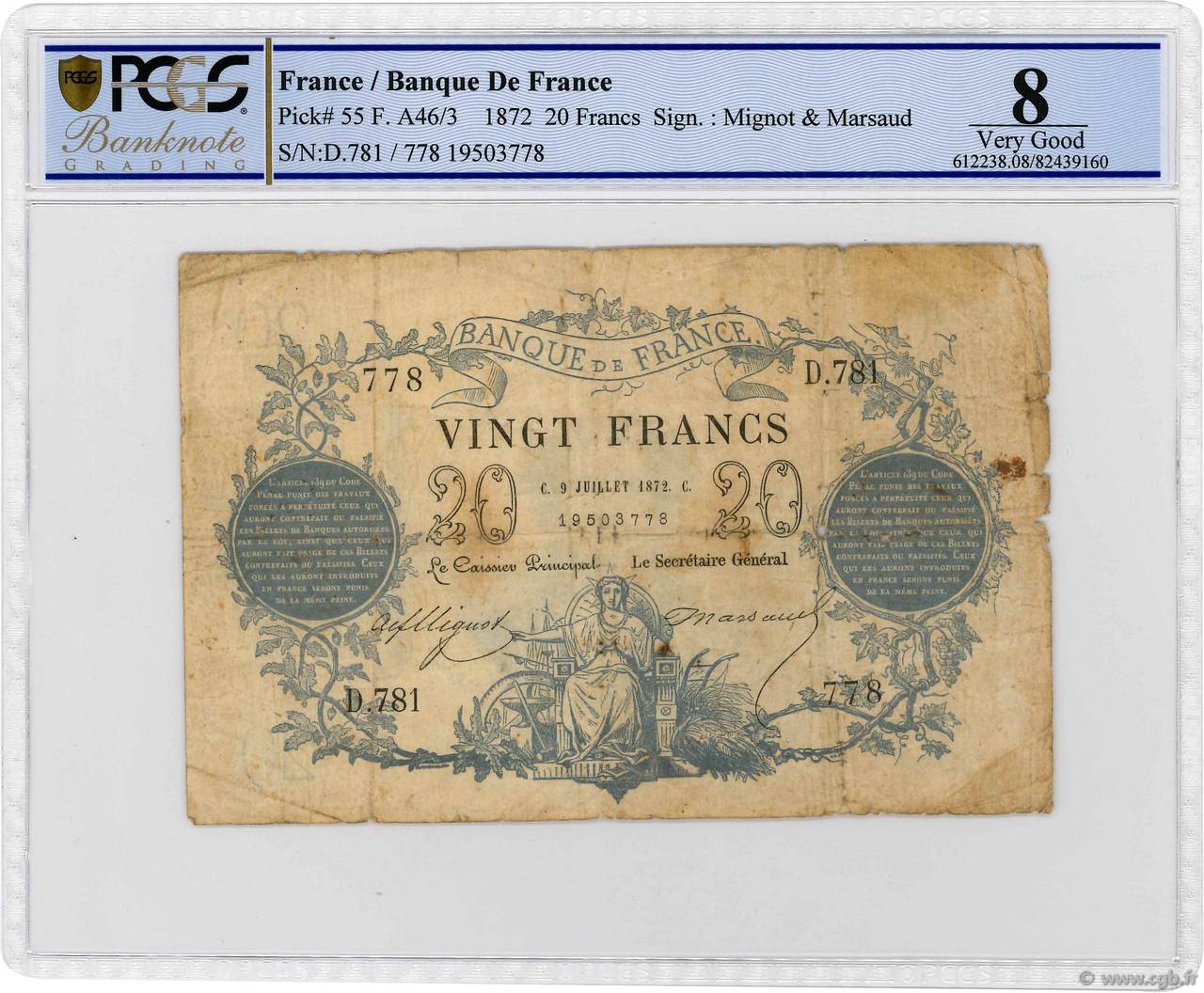 20 Francs type 1871 FRANKREICH  1872 F.A46.03 fSGE