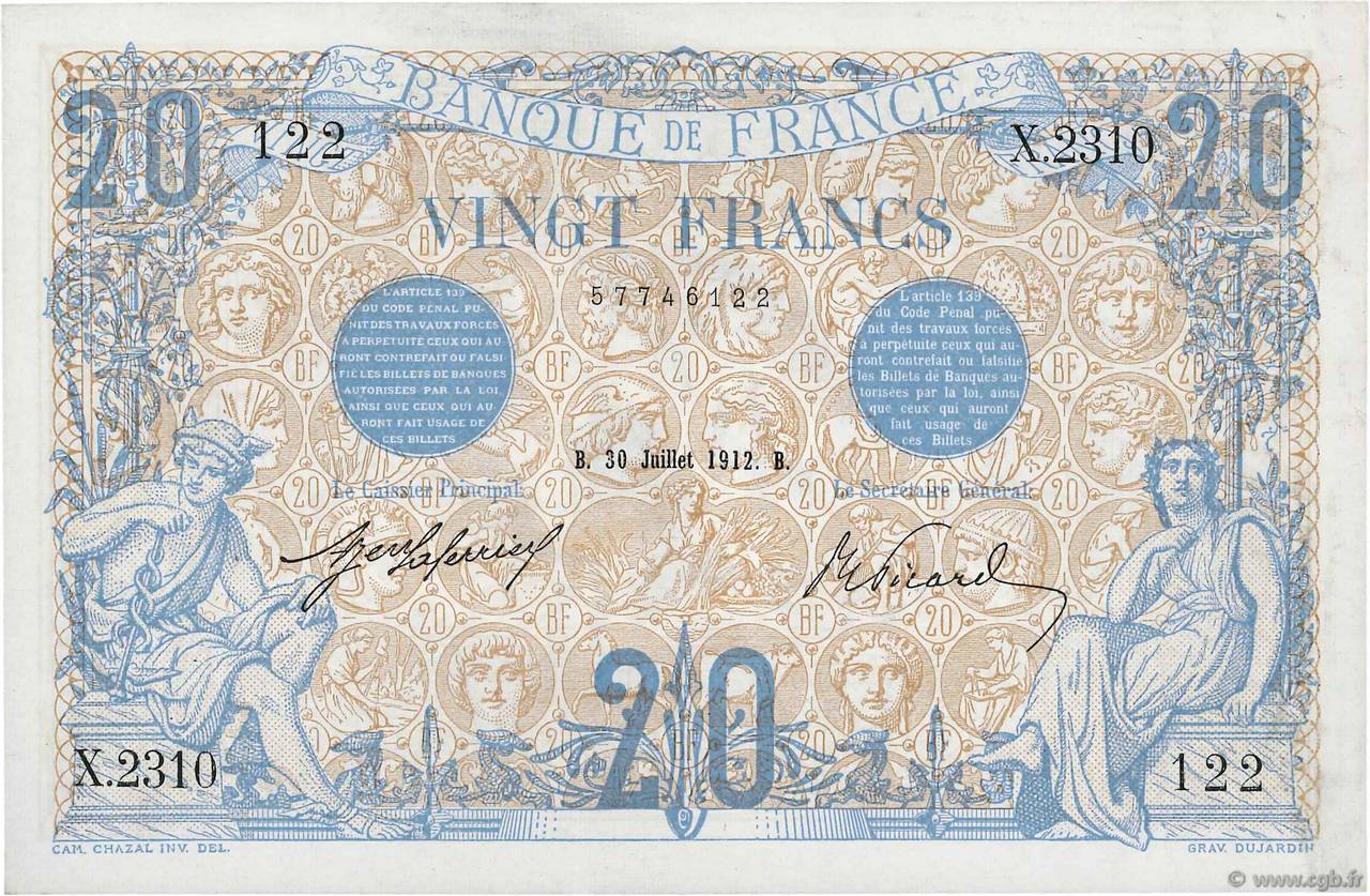 20 Francs BLEU FRANCIA  1912 F.10.02 SPL+