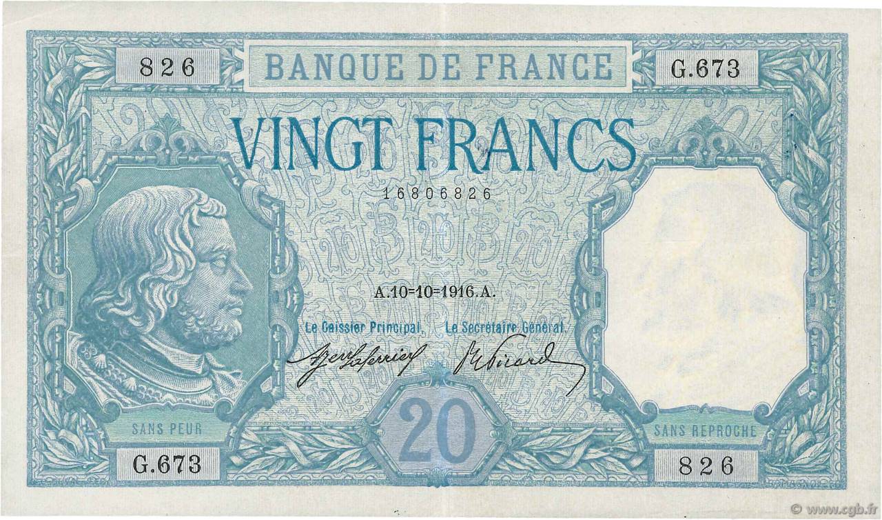 20 Francs BAYARD FRANCE  1916 F.11.01 XF