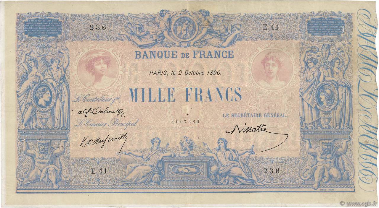 1000 Francs BLEU ET ROSE FRANCIA  1890 F.36.02 MB