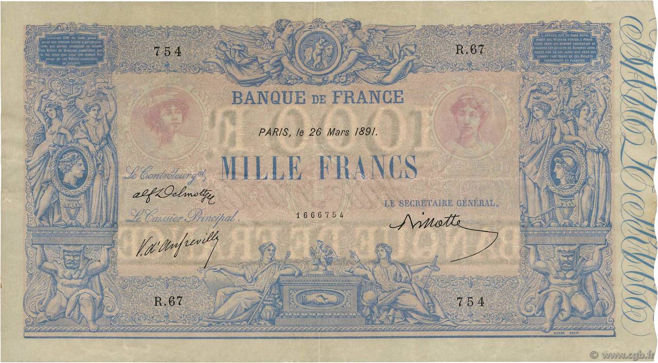 1000 Francs BLEU ET ROSE FRANCIA  1891 F.36.03 MBC+
