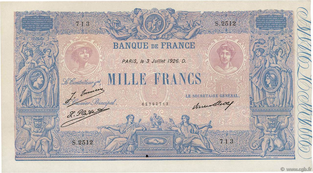 1000 Francs BLEU ET ROSE FRANKREICH  1926 F.36.43 VZ+