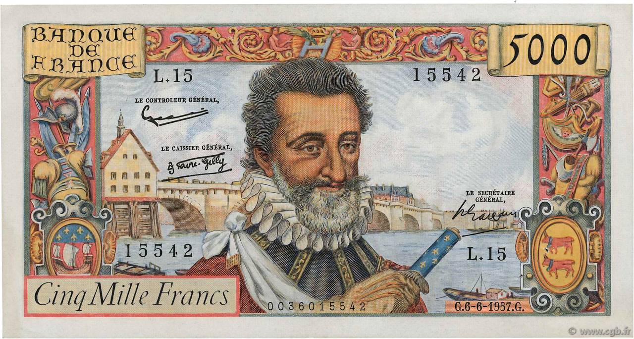 5000 Francs HENRI IV FRANCIA  1957 F.49.02 EBC+