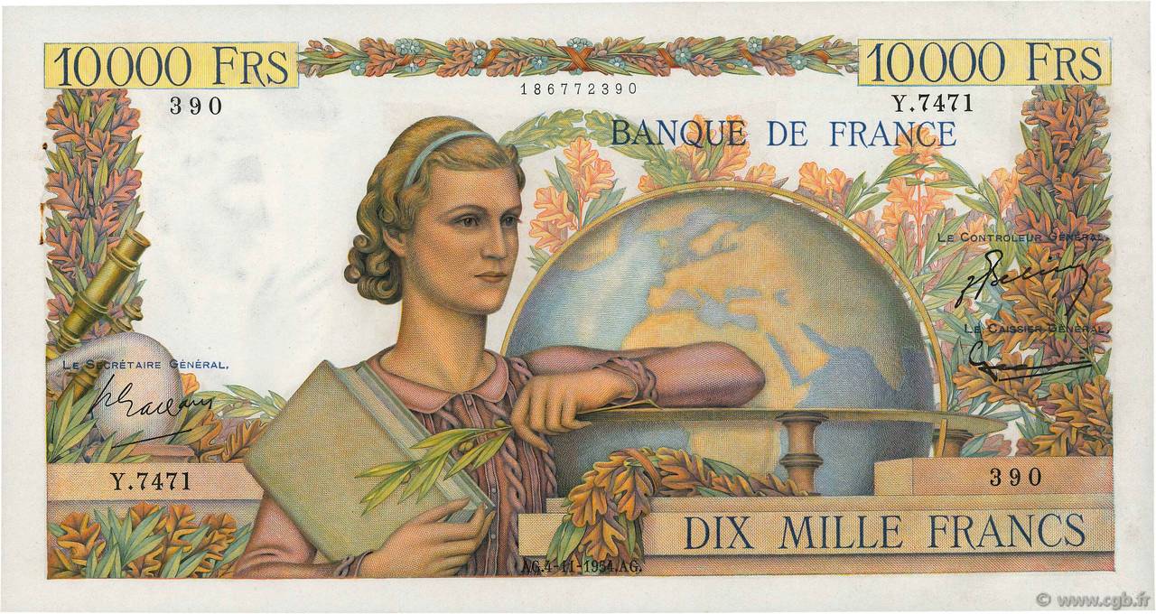 10000 Francs GÉNIE FRANÇAIS FRANCE  1954 F.50.72 pr.SPL