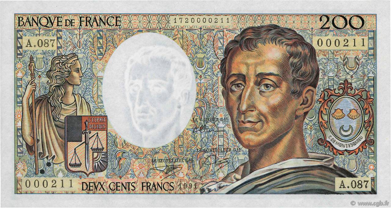 200 Francs MONTESQUIEU Petit numéro FRANCE  1991 F.70.11 UNC