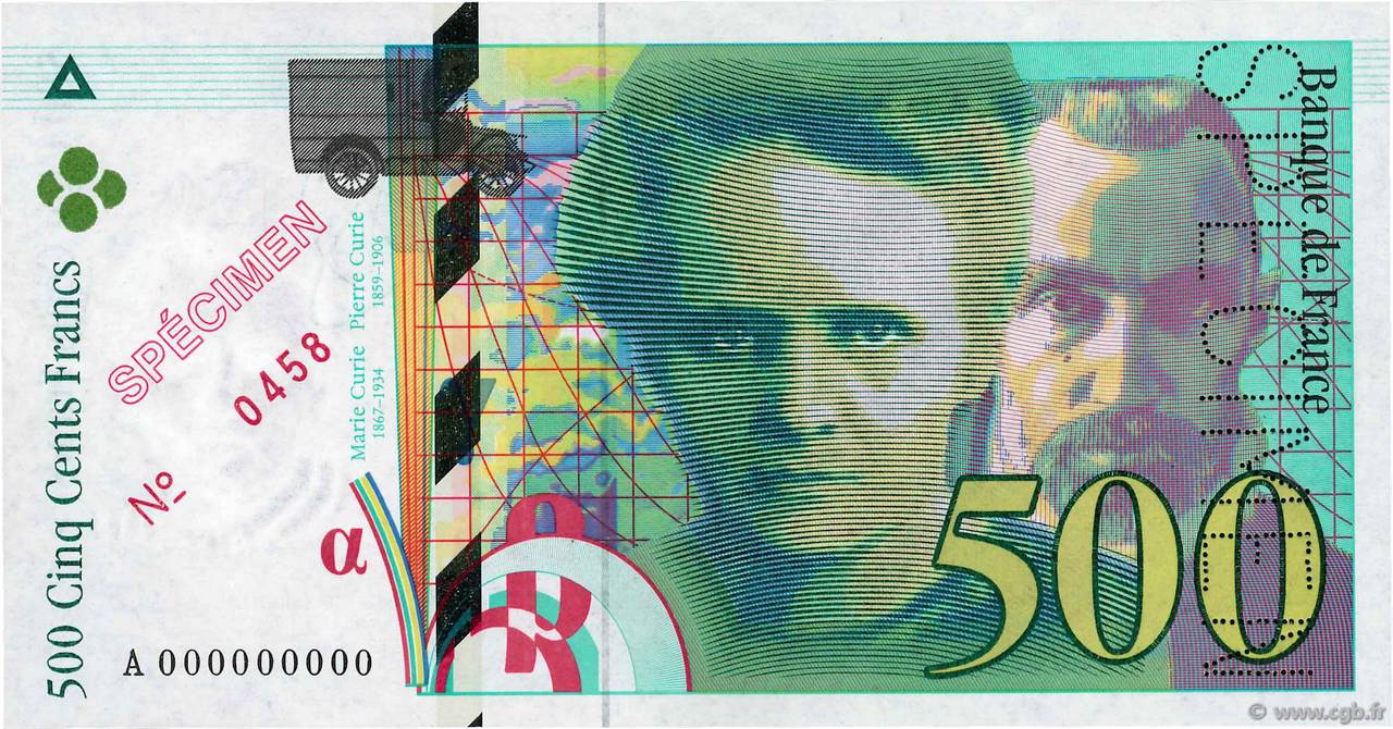 500 Francs PIERRE ET MARIE CURIE Spécimen FRANCE  1994 F.76.01Spn UNC-