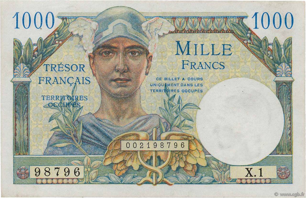 1000 Francs TRÉSOR FRANÇAIS FRANKREICH  1947 VF.33.01 VZ