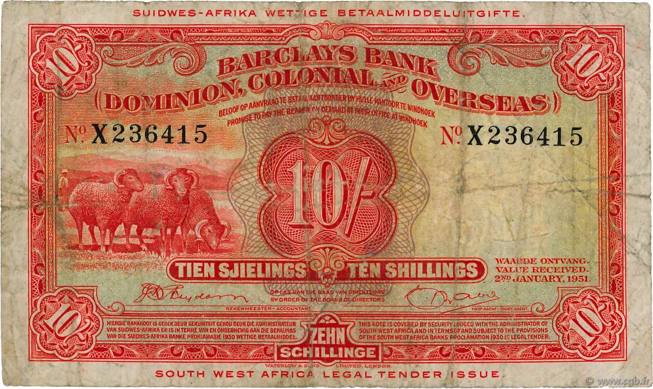 10 Shillings SOUTH WEST AFRICA  1951 P.01c RC