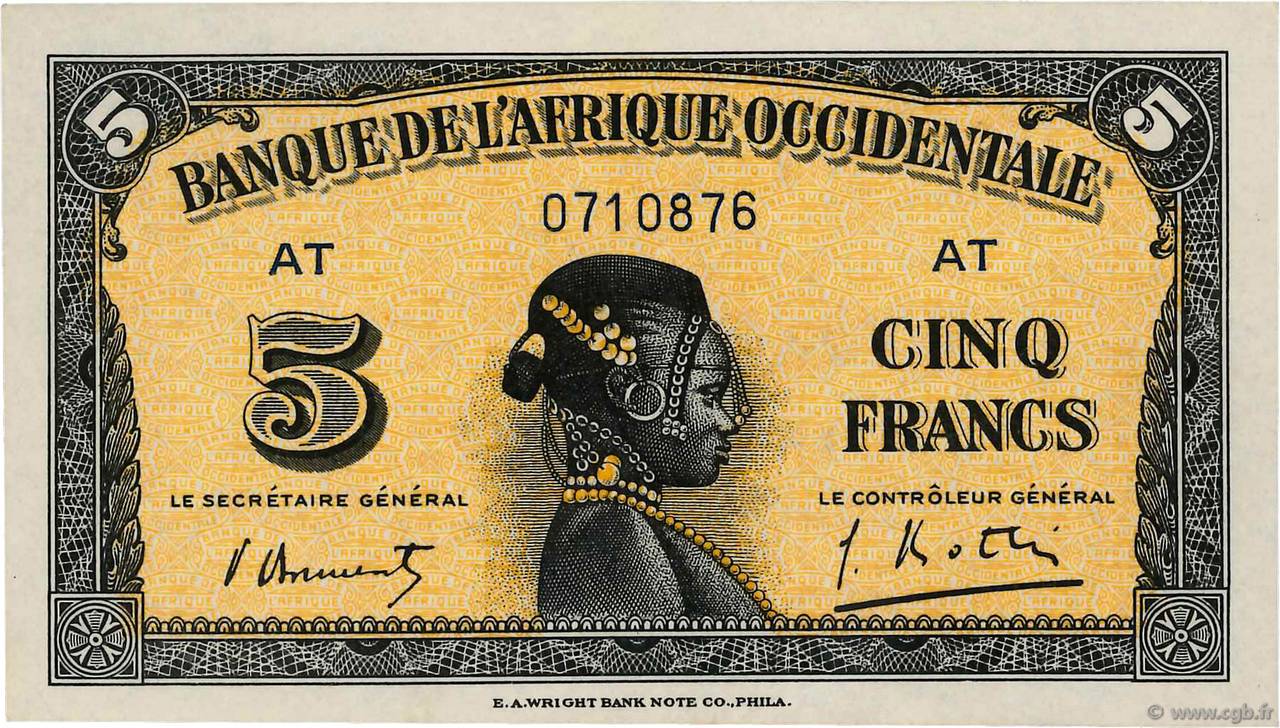 5 Francs FRENCH WEST AFRICA  1942 P.28b ST