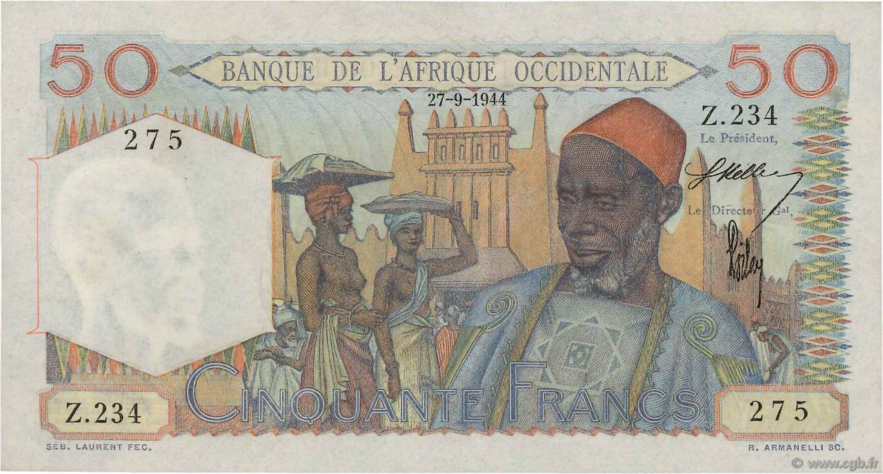 50 Francs FRENCH WEST AFRICA  1944 P.39 SC