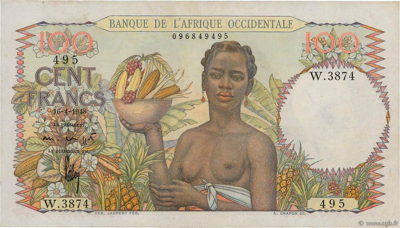 100 Francs FRENCH WEST AFRICA  1948 P.40 EBC