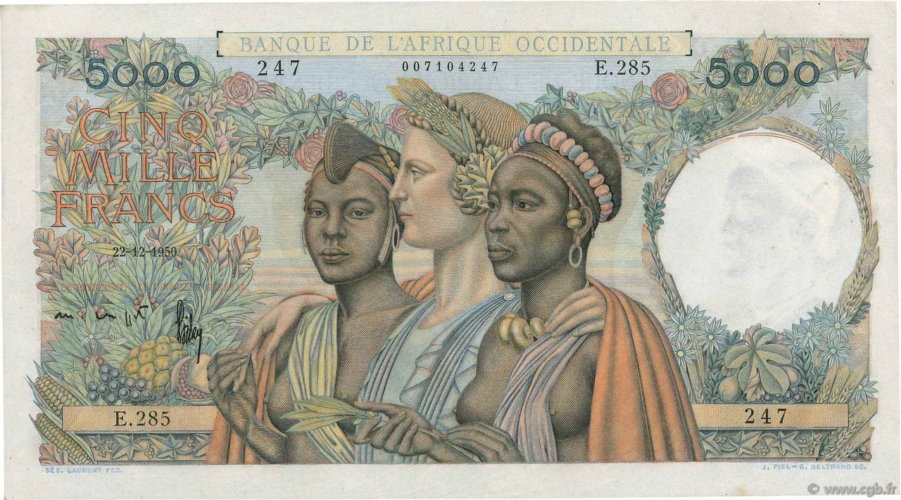 5000 Francs FRENCH WEST AFRICA  1950 P.43 AU+