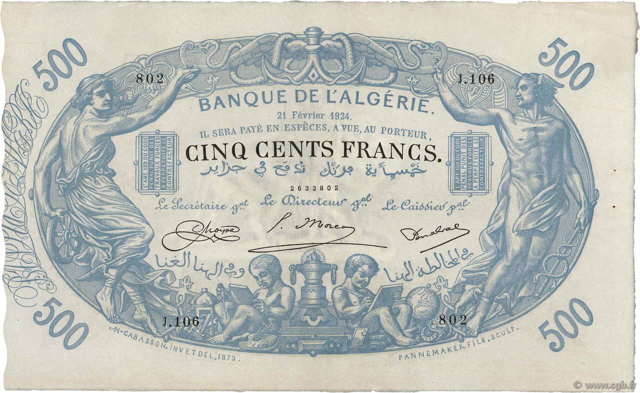 500 Francs ALGÉRIE  1924 P.075b pr.SUP