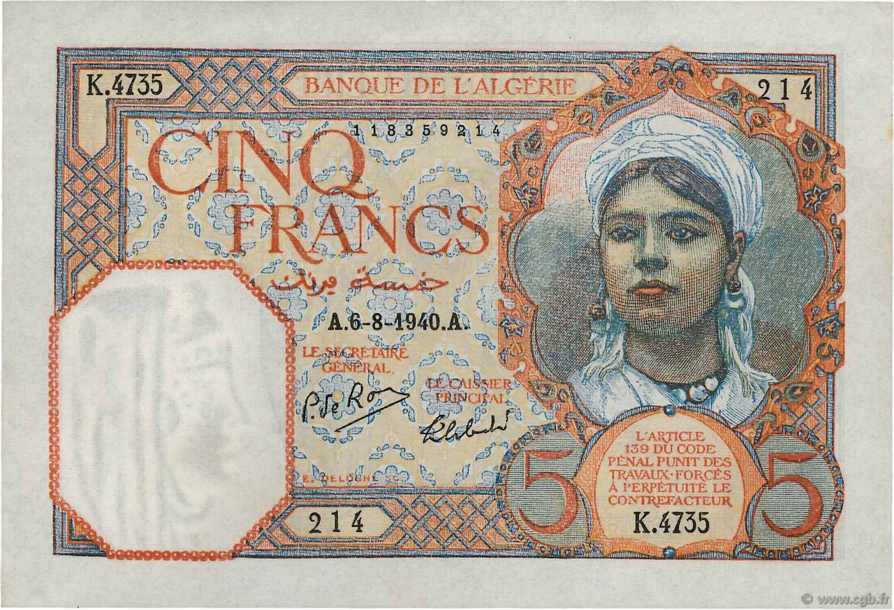 5 Francs ALGERIEN  1940 P.077a fST+
