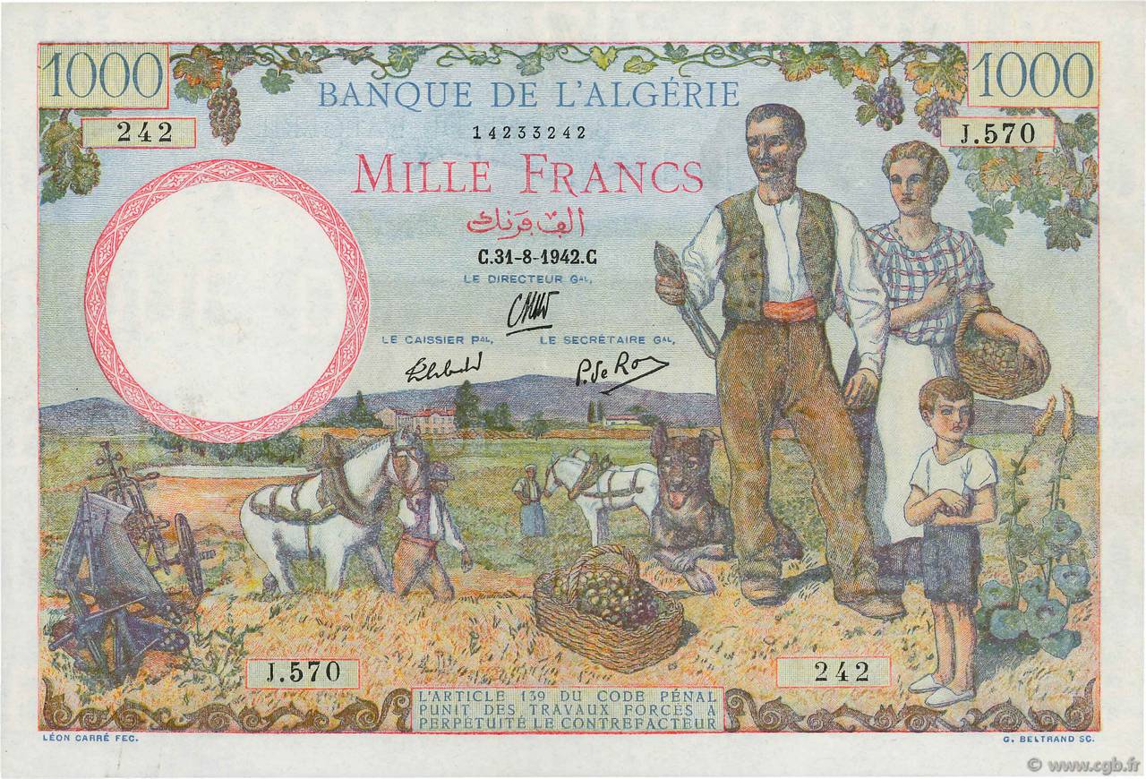 1000 Francs ALGÉRIE  1942 P.089 SPL