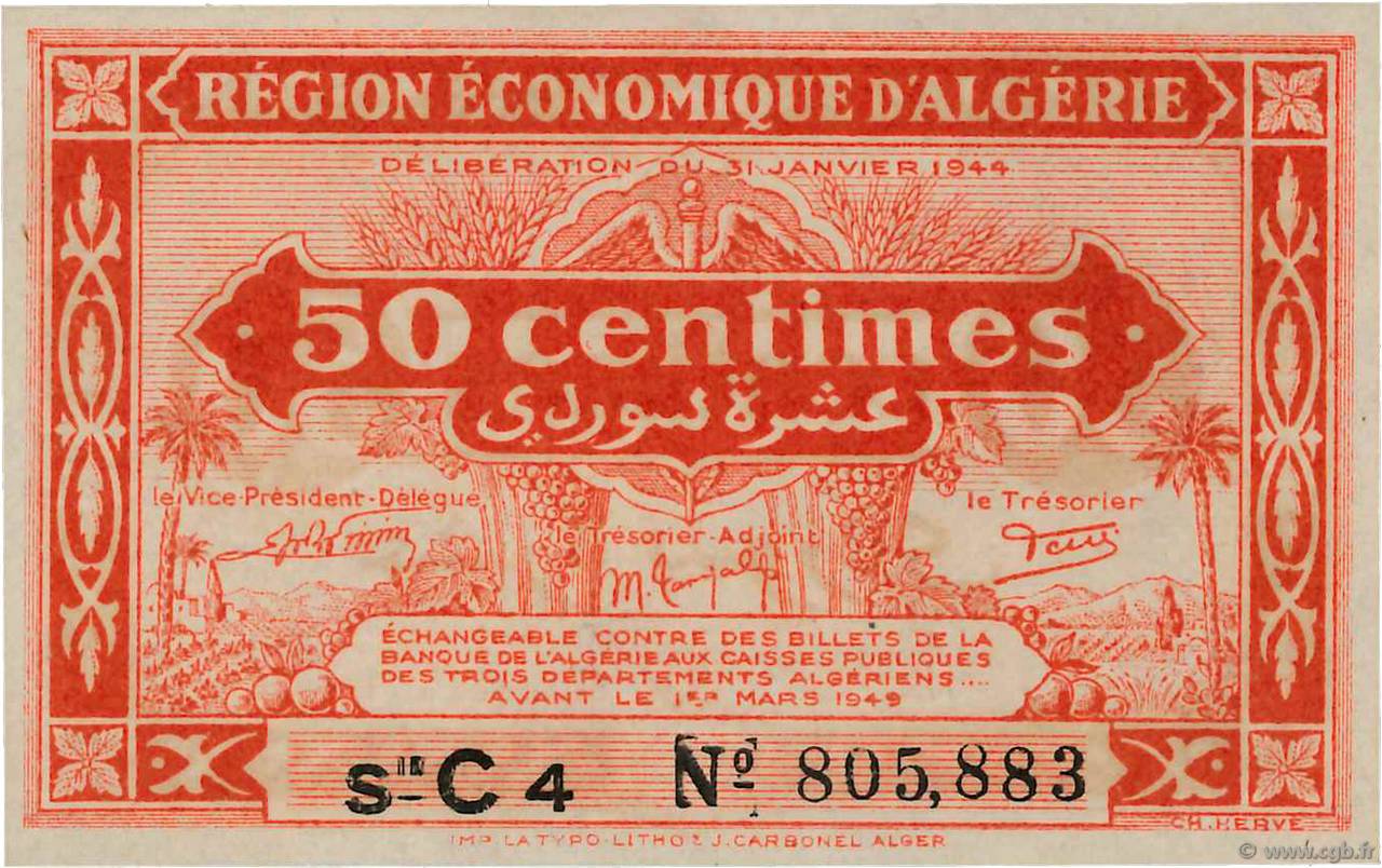50 Centimes ALGERIEN  1944 P.097a ST