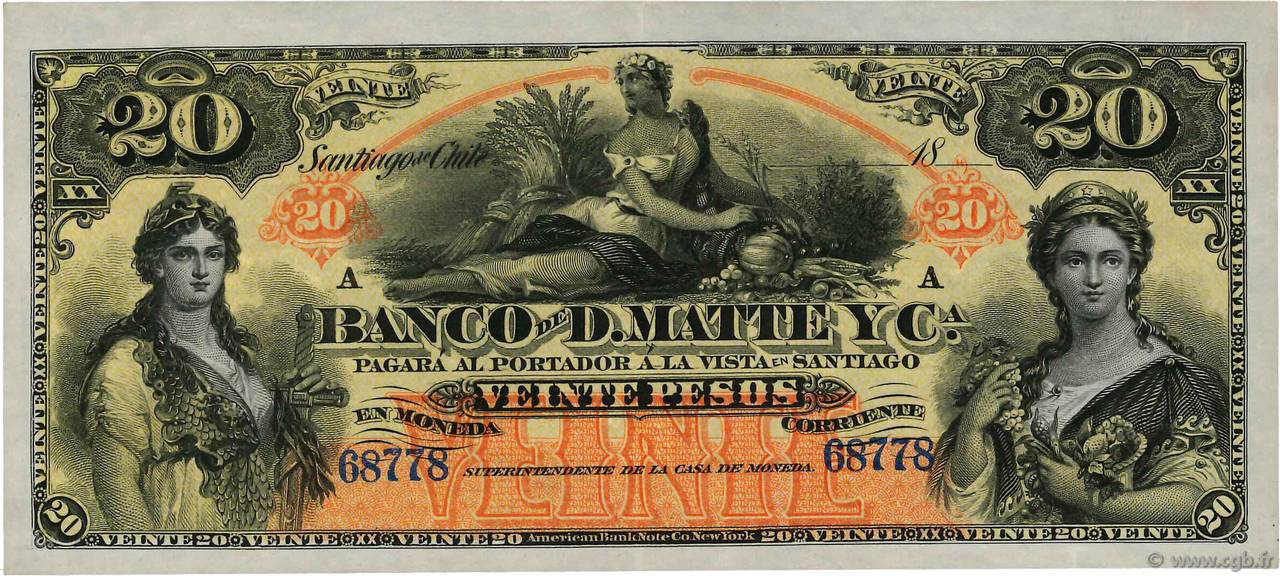 20 Pesos CILE  1888 PS.279r SPL+